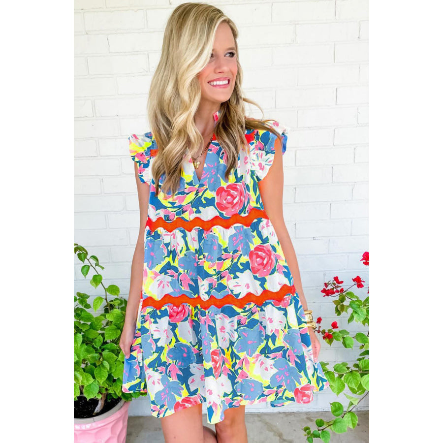 Pink Floral Printed V Notched Ric Rac Flutter Sleeve Dress Dresses/Floral Dresses