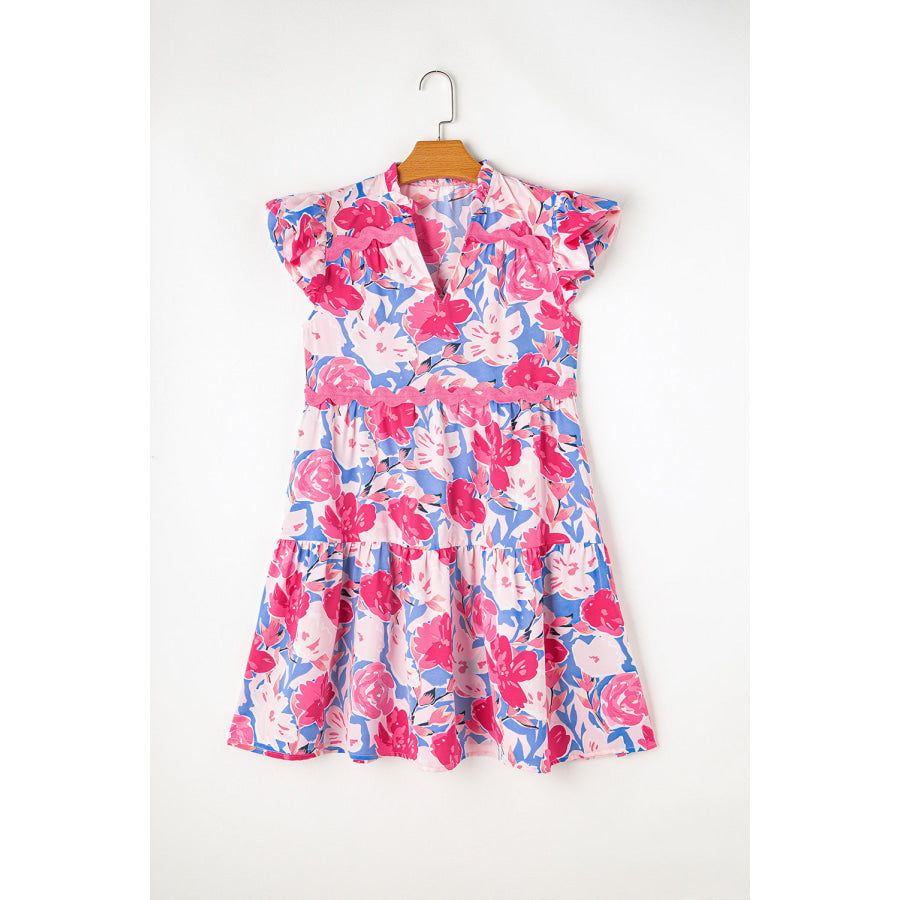 Pink Floral Printed V Notched Ric Rac Flutter Sleeve Dress Dresses/Floral Dresses