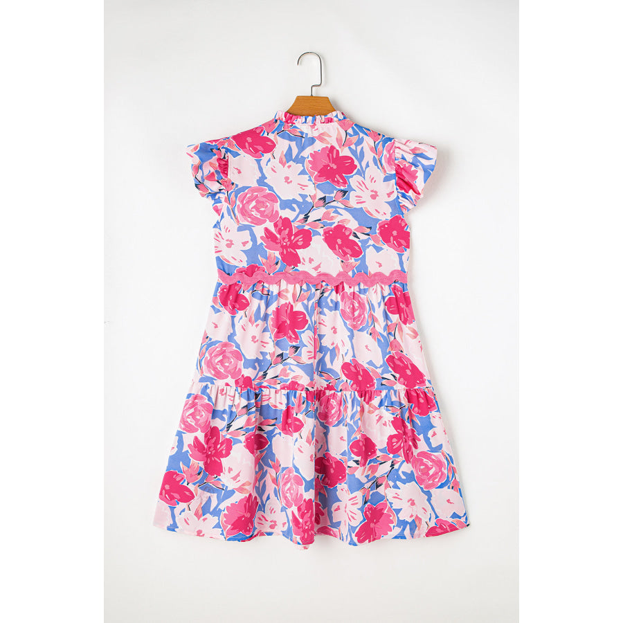 Pink Floral Printed V Notched Ric Rac Flutter Sleeve Dress Dresses/Floral Dresses