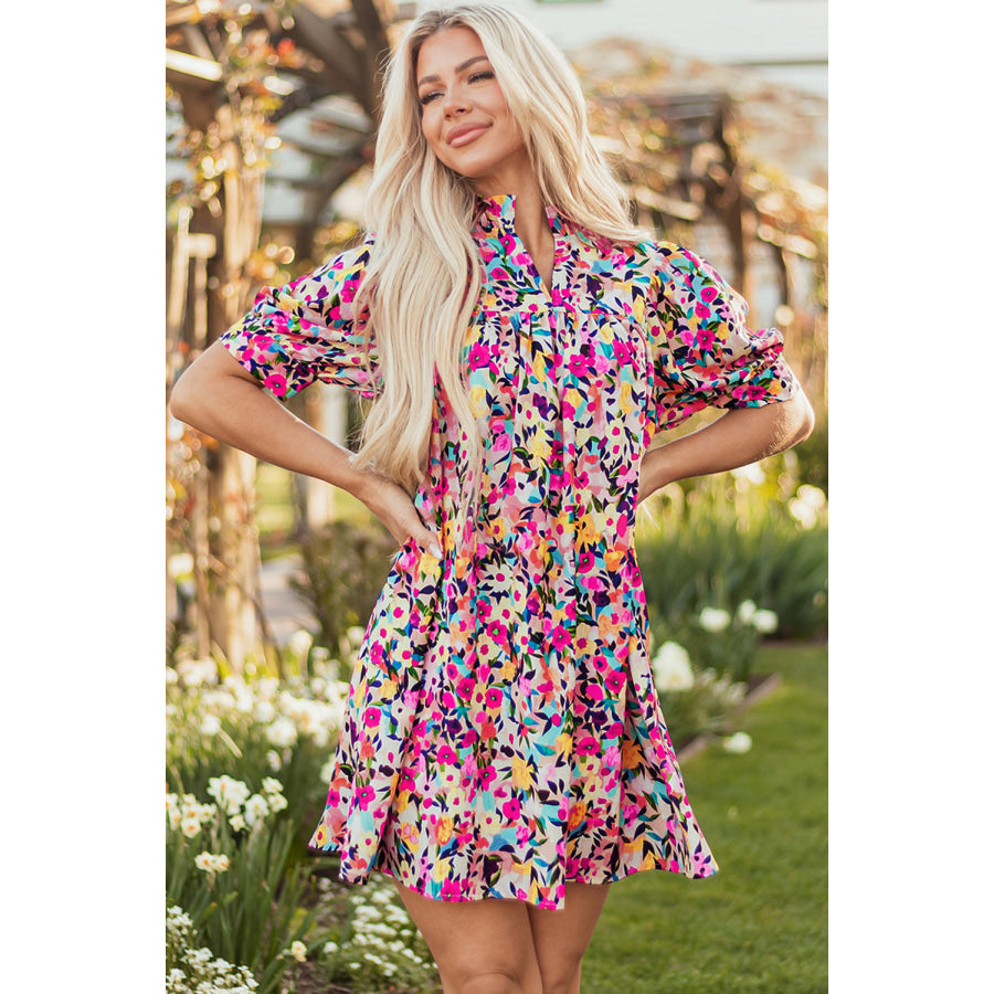 Pink Floral Puff Short Sleeve V Neck Mini Dress Dresses/Floral Dresses