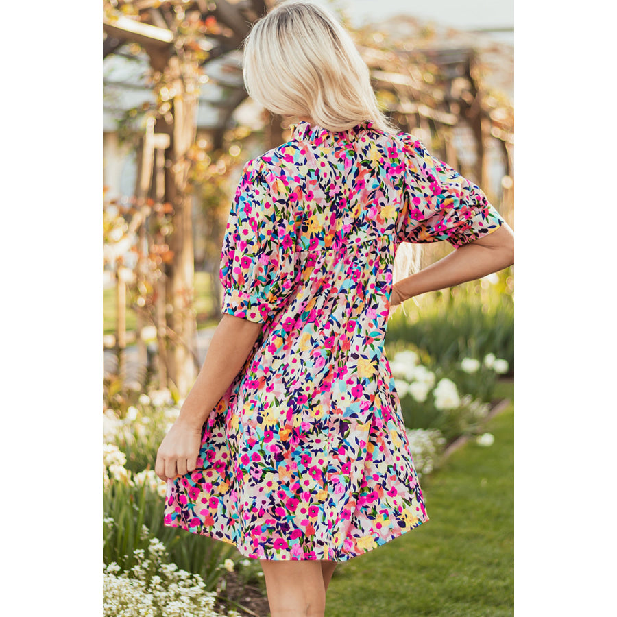 Pink Floral Puff Short Sleeve V Neck Mini Dress Dresses/Floral Dresses