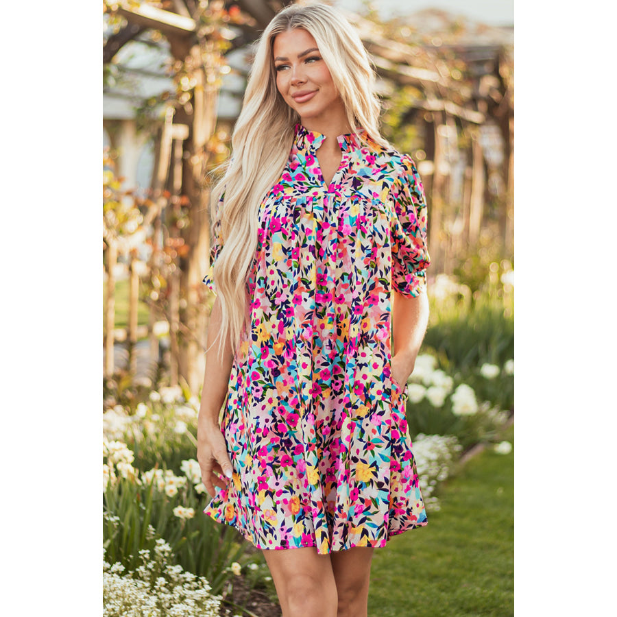 Pink Floral Puff Short Sleeve V Neck Mini Dress Pink / S / 100% Polyester Dresses/Floral Dresses