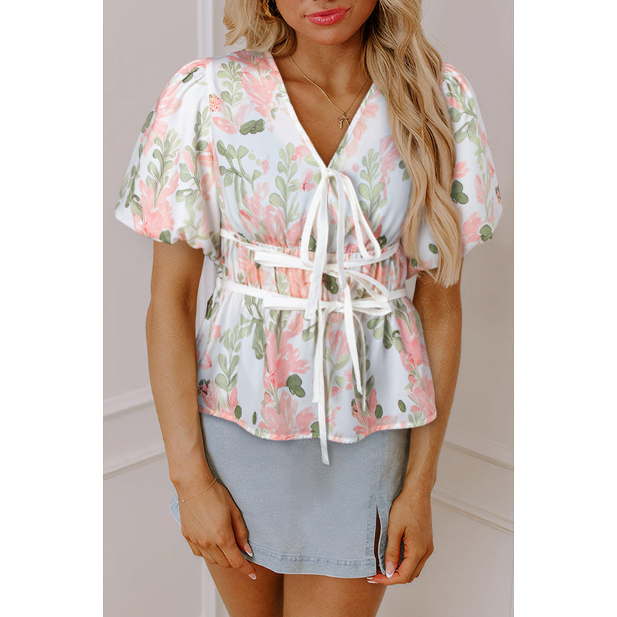 Pink Floral Puff Sleeve V Neck Tied Front Peplum Blouse Pink / S / 100% Polyester Tops/Blouses & Shirts
