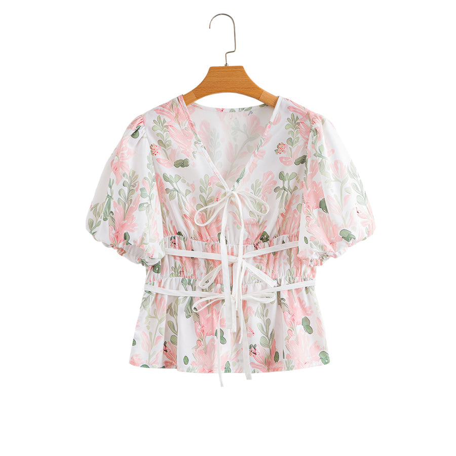 Pink Floral Puff Sleeve V Neck Tied Front Peplum Blouse Tops/Blouses & Shirts
