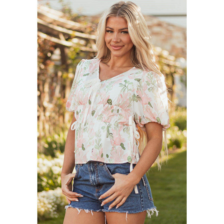 Pink Floral Puff Sleeve V Neck Tied Front Peplum Blouse Tops/Blouses & Shirts