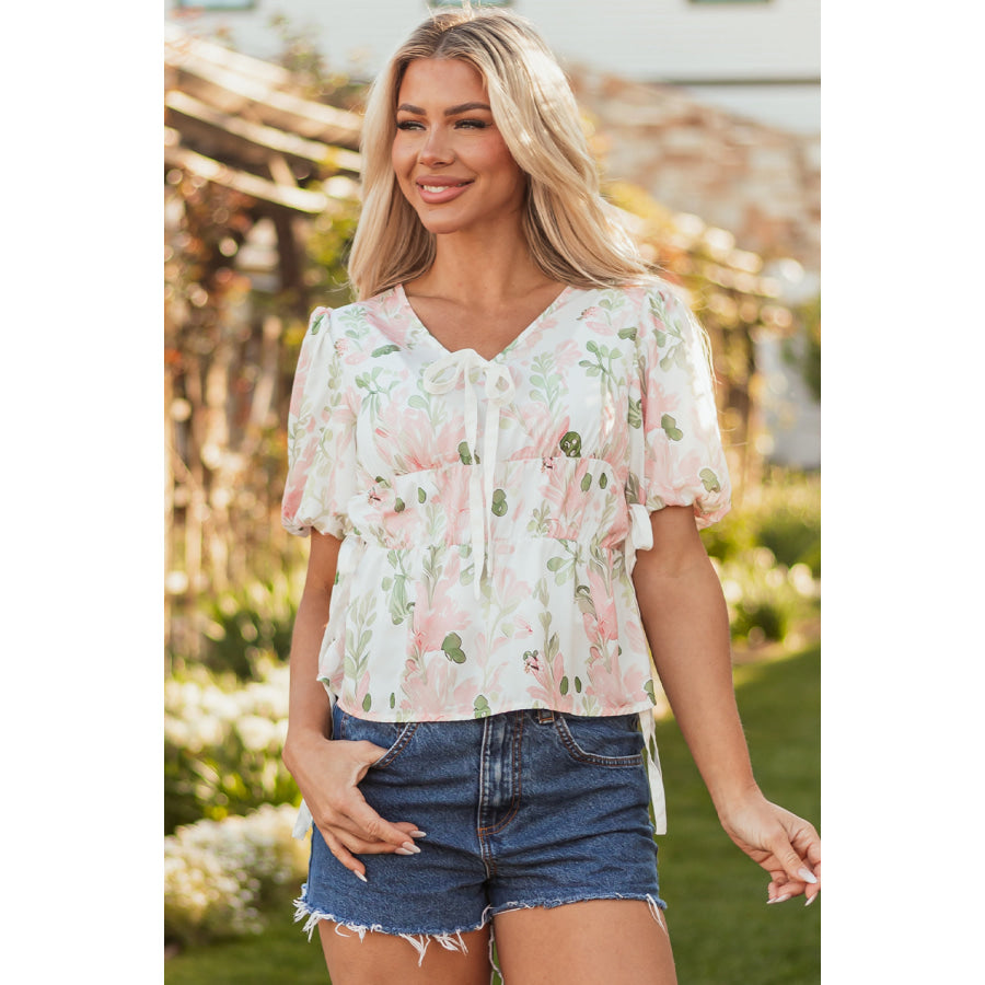 Pink Floral Puff Sleeve V Neck Tied Front Peplum Blouse Tops/Blouses & Shirts