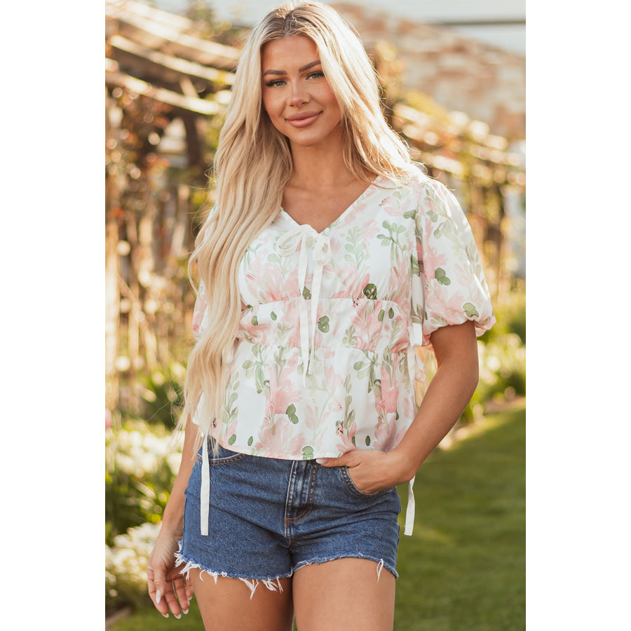 Pink Floral Puff Sleeve V Neck Tied Front Peplum Blouse Tops/Blouses & Shirts