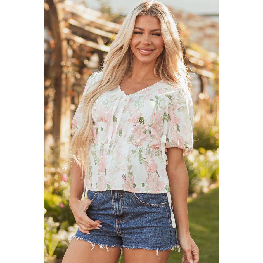 Pink Floral Puff Sleeve V Neck Tied Front Peplum Blouse Tops/Blouses & Shirts