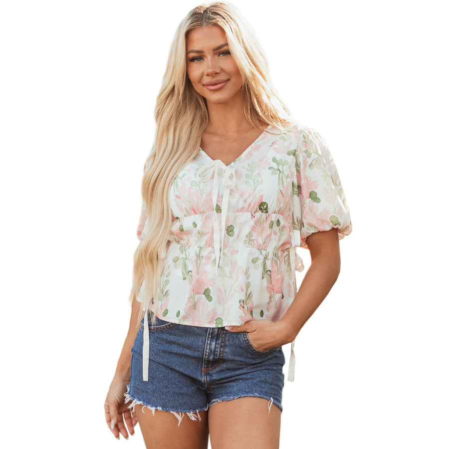 Pink Floral Puff Sleeve V Neck Tied Front Peplum Blouse Tops/Blouses & Shirts