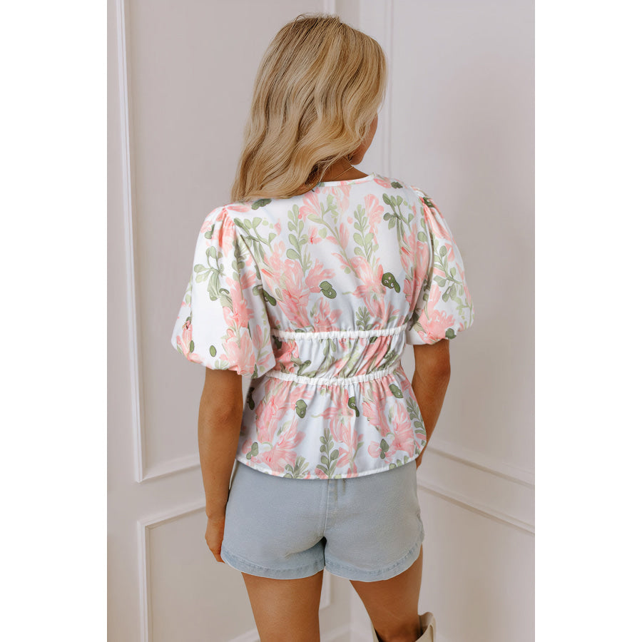 Pink Floral Puff Sleeve V Neck Tied Front Peplum Blouse Tops/Blouses & Shirts