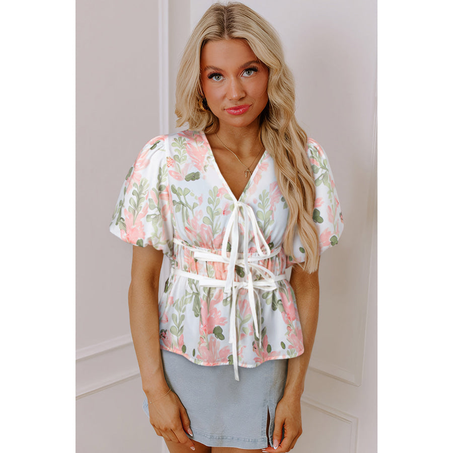 Pink Floral Puff Sleeve V Neck Tied Front Peplum Blouse Tops/Blouses & Shirts