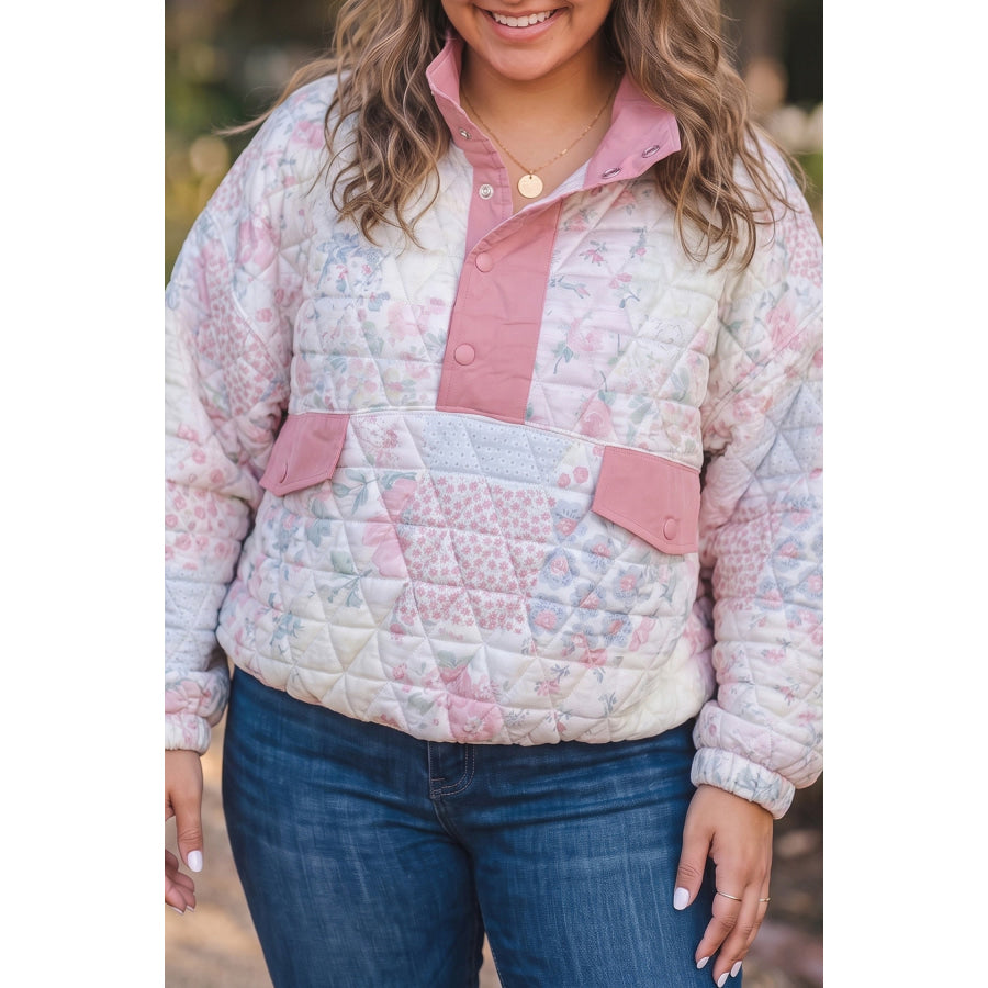 Pink Floral Quilted V-Neck Plus Size Fake Pocket Sweatshirt Pink / 1X Plus Size/Plus Size Sweatshirts & Hoodies