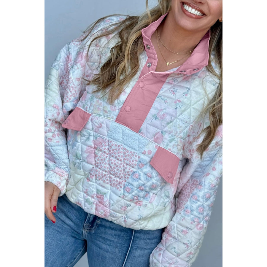 Pink Floral Quilted V-Neck Plus Size Fake Pocket Sweatshirt Plus Size/Plus Size Sweatshirts & Hoodies