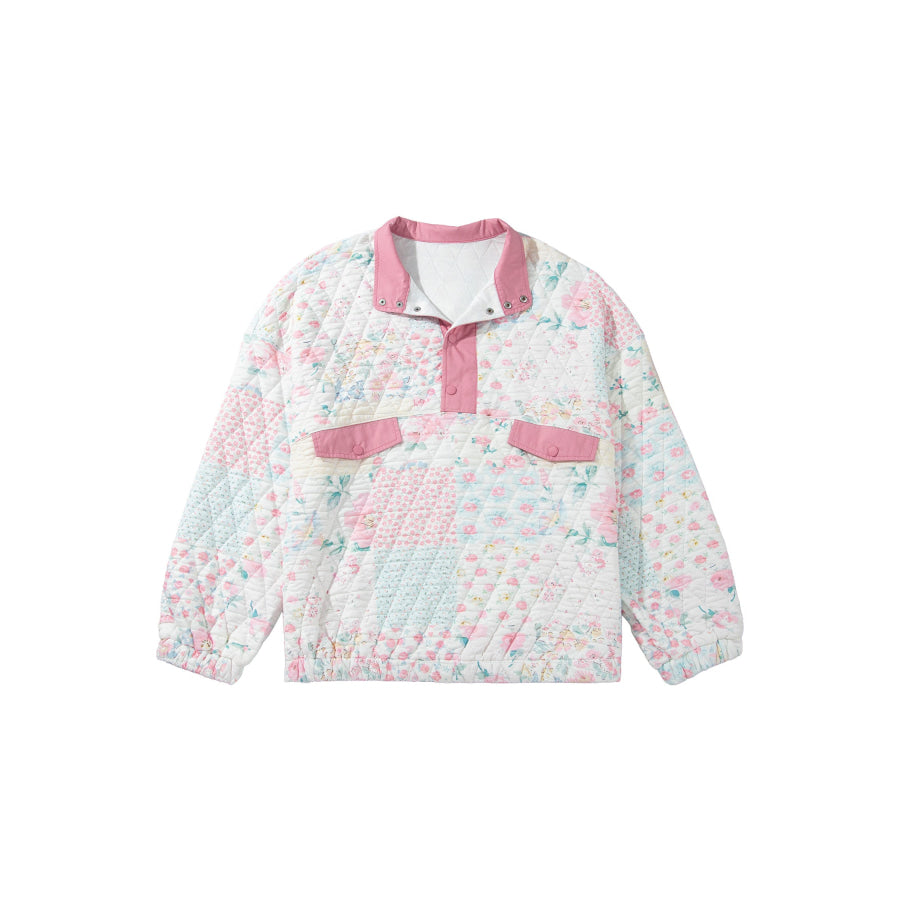 Pink Floral Quilted V-Neck Plus Size Fake Pocket Sweatshirt Size/Plus Sweatshirts & Hoodies