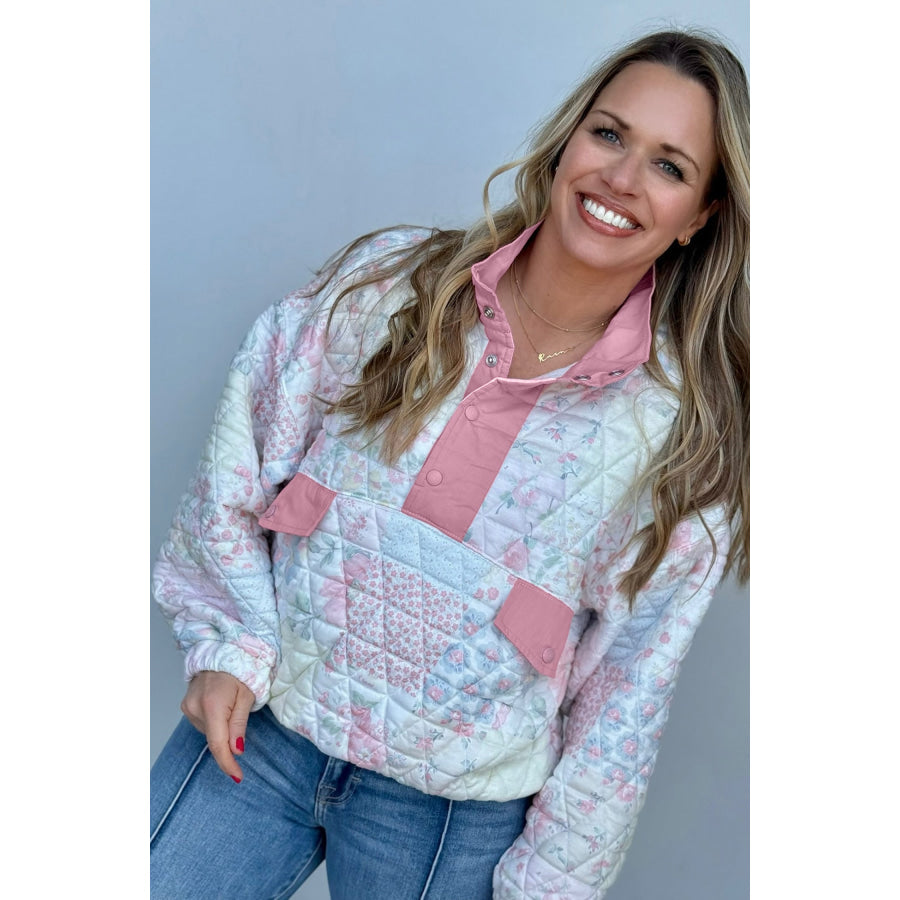 Pink Floral Quilted V-Neck Plus Size Fake Pocket Sweatshirt Plus Size/Plus Size Sweatshirts & Hoodies