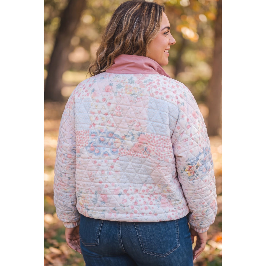 Pink Floral Quilted V-Neck Plus Size Fake Pocket Sweatshirt Pink / 1X Plus Size/Plus Size Sweatshirts & Hoodies