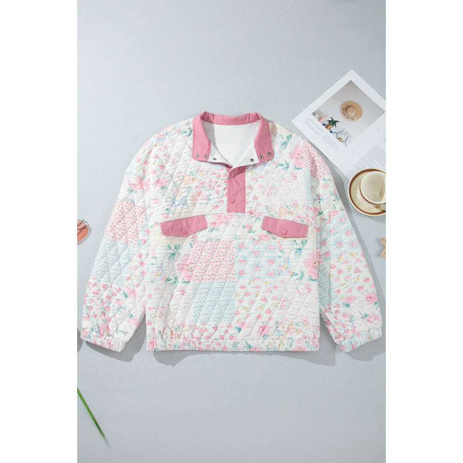 Pink Floral Quilted V-Neck Plus Size Fake Pocket Sweatshirt Size/Plus Sweatshirts & Hoodies