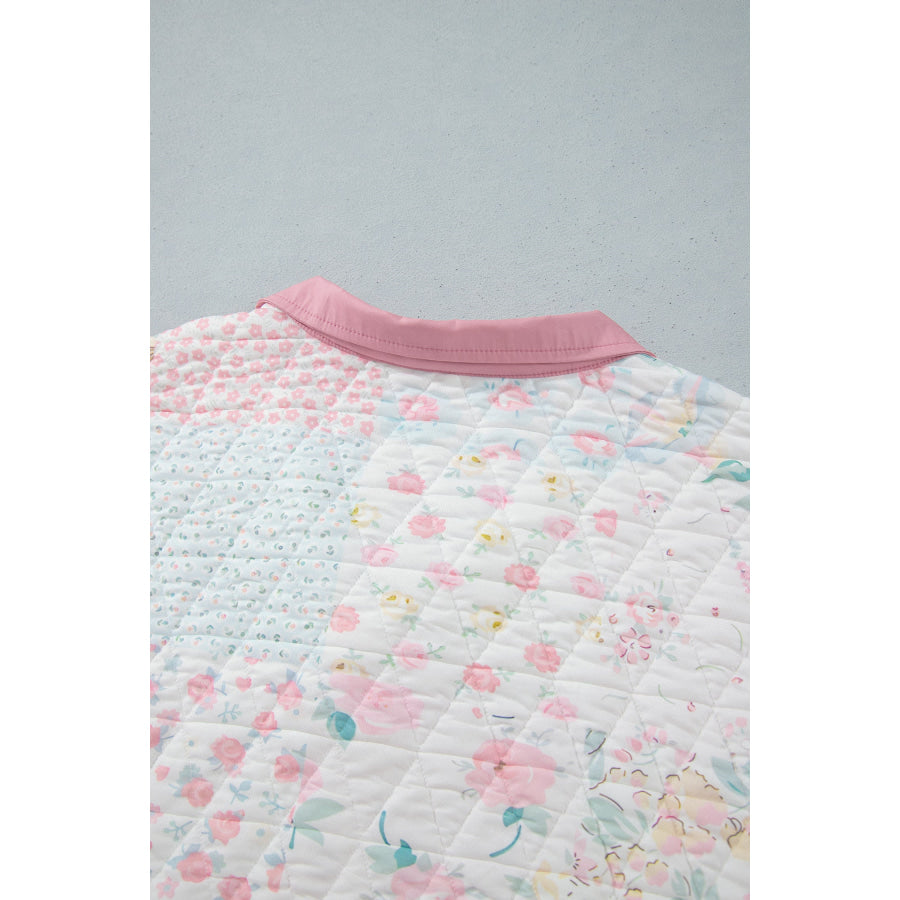 Pink Floral Quilted V-Neck Plus Size Fake Pocket Sweatshirt Size/Plus Sweatshirts & Hoodies