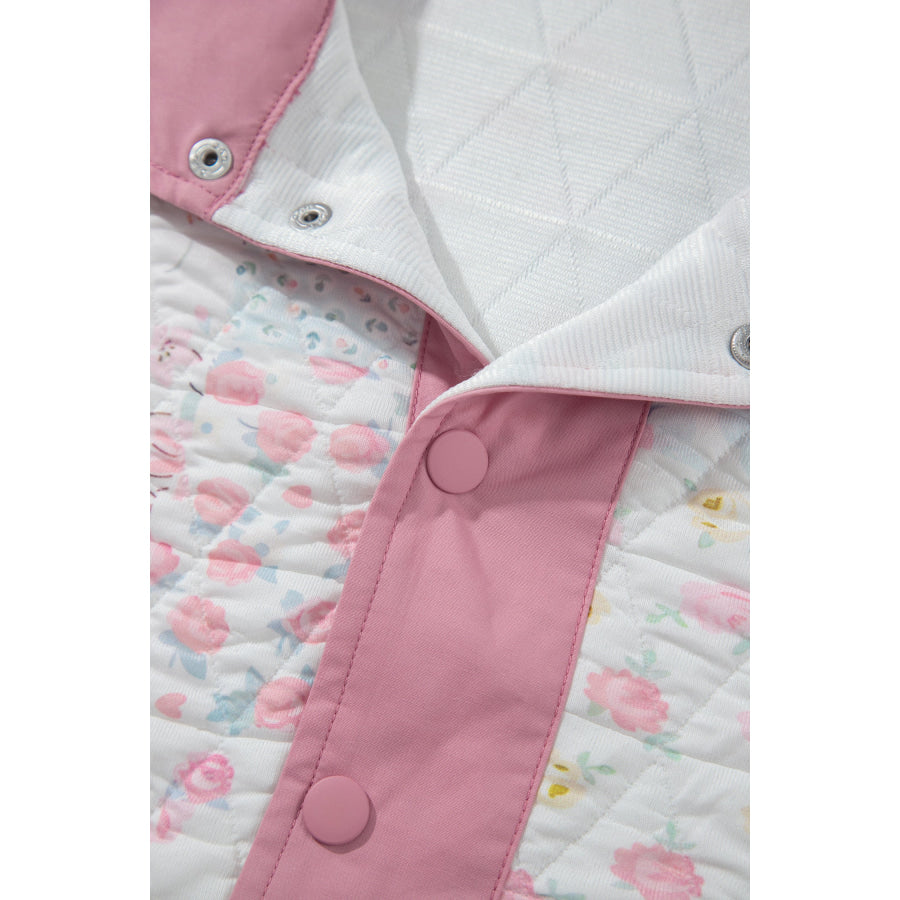 Pink Floral Quilted V-Neck Plus Size Fake Pocket Sweatshirt Size/Plus Sweatshirts & Hoodies