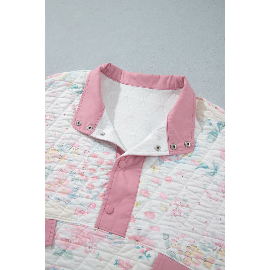 Pink Floral Quilted V-Neck Plus Size Fake Pocket Sweatshirt Size/Plus Sweatshirts & Hoodies