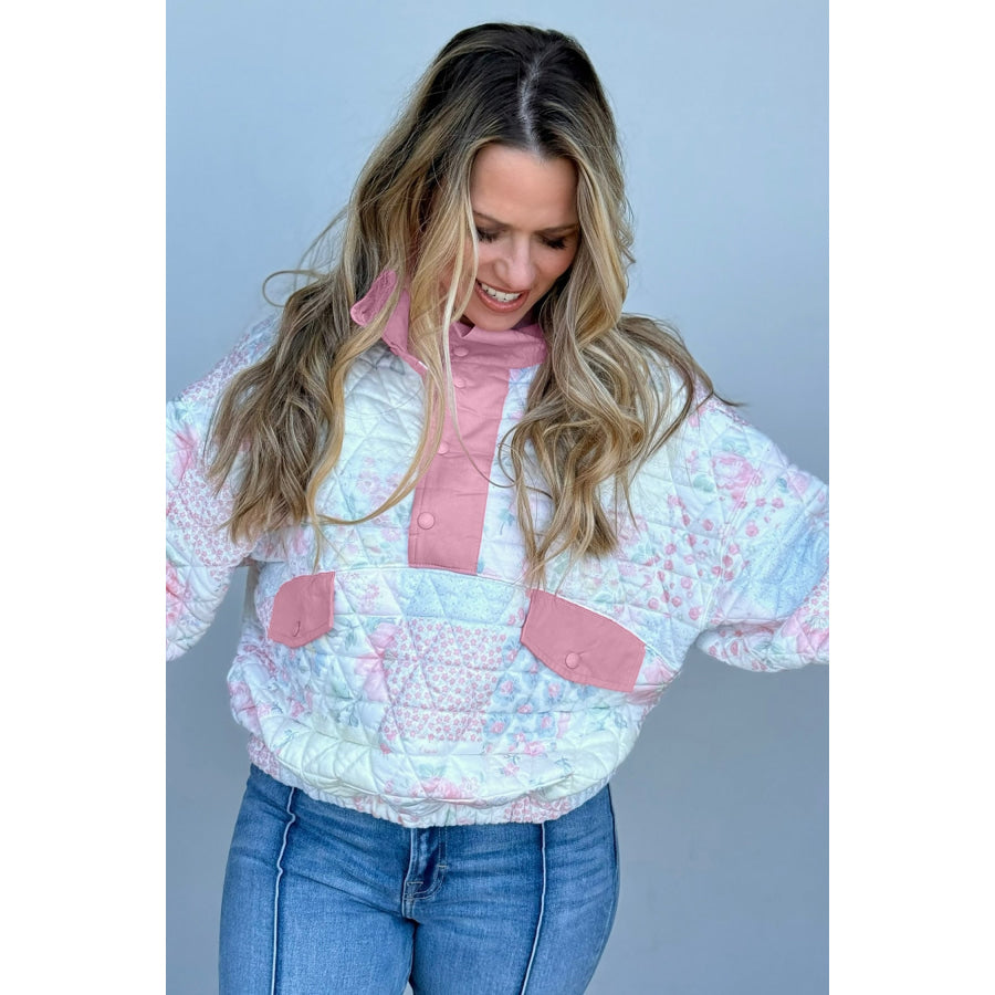Pink Floral Quilted V-Neck Plus Size Fake Pocket Sweatshirt Plus Size/Plus Size Sweatshirts & Hoodies