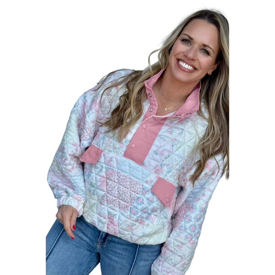 Pink Floral Quilted V-Neck Plus Size Fake Pocket Sweatshirt Size/Plus Sweatshirts & Hoodies