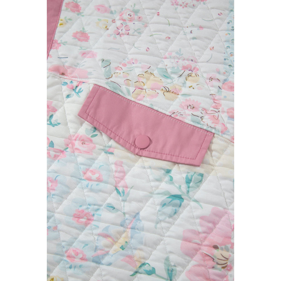 Pink Floral Quilted V-Neck Plus Size Fake Pocket Sweatshirt Size/Plus Sweatshirts & Hoodies