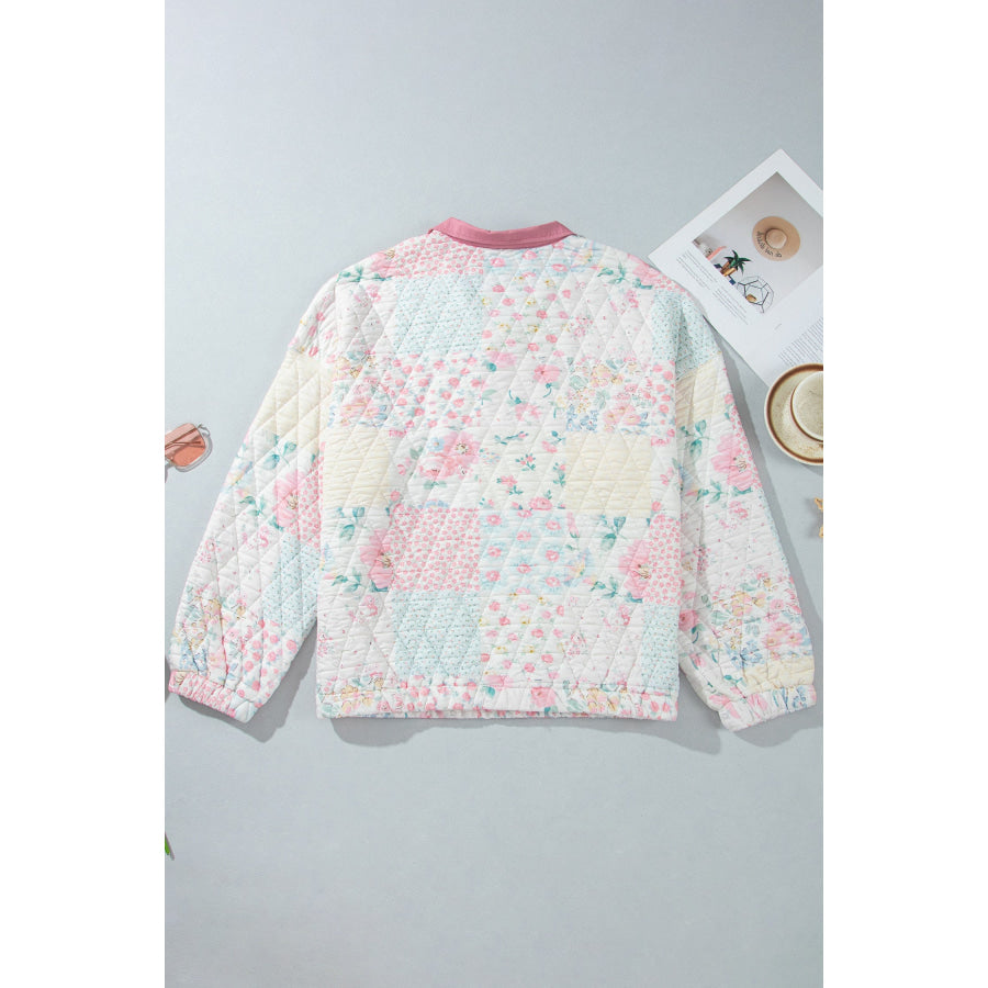 Pink Floral Quilted V-Neck Plus Size Fake Pocket Sweatshirt Size/Plus Sweatshirts & Hoodies