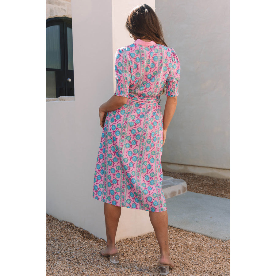 Pink Floral Shirred Puff Sleeve Buttoned Front Midi Dress with Sash Dresses/Midi Dresses