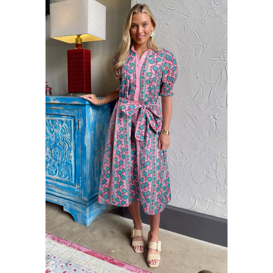 Pink Floral Shirred Puff Sleeve Buttoned Front Midi Dress with Sash Dresses/Midi Dresses