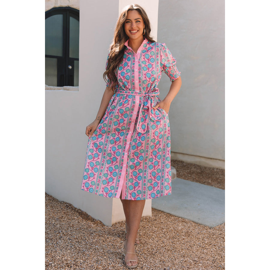 Pink Floral Shirred Puff Sleeve Buttoned Front Midi Dress with Sash Dresses/Midi Dresses