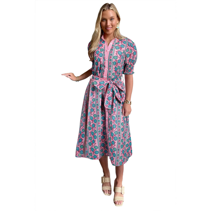 Pink Floral Shirred Puff Sleeve Buttoned Front Midi Dress with Sash Dresses/Midi Dresses