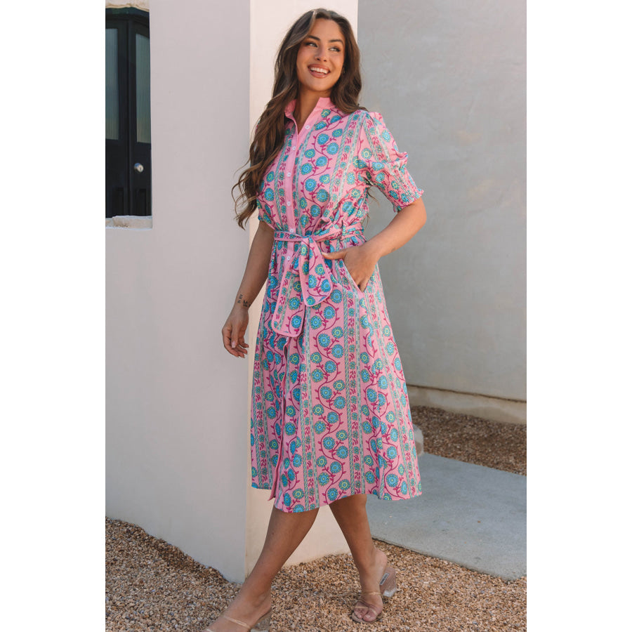 Pink Floral Shirred Puff Sleeve Buttoned Front Midi Dress with Sash Dresses/Midi Dresses