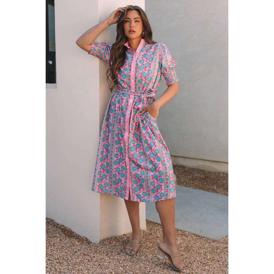 Pink Floral Shirred Puff Sleeve Buttoned Front Midi Dress with Sash Dresses/Midi Dresses