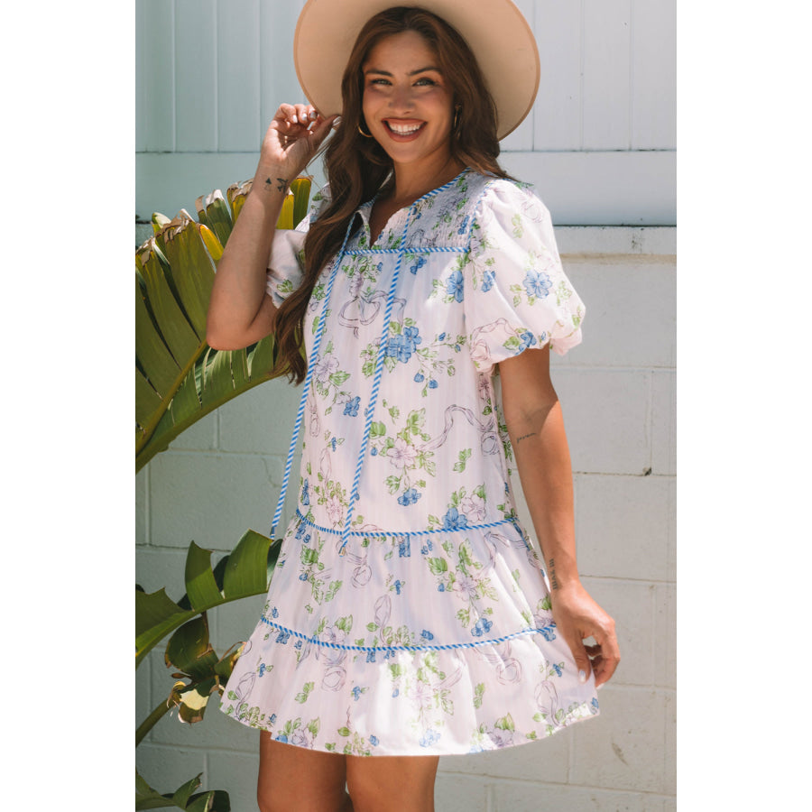Pink Floral Striped Print Contrast Trim Tie Split Neck Mini Dress Dresses/Mini Dresses