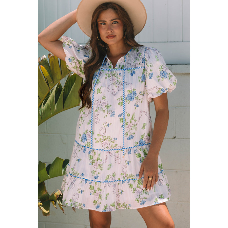 Pink Floral Striped Print Contrast Trim Tie Split Neck Mini Dress Dresses/Mini Dresses