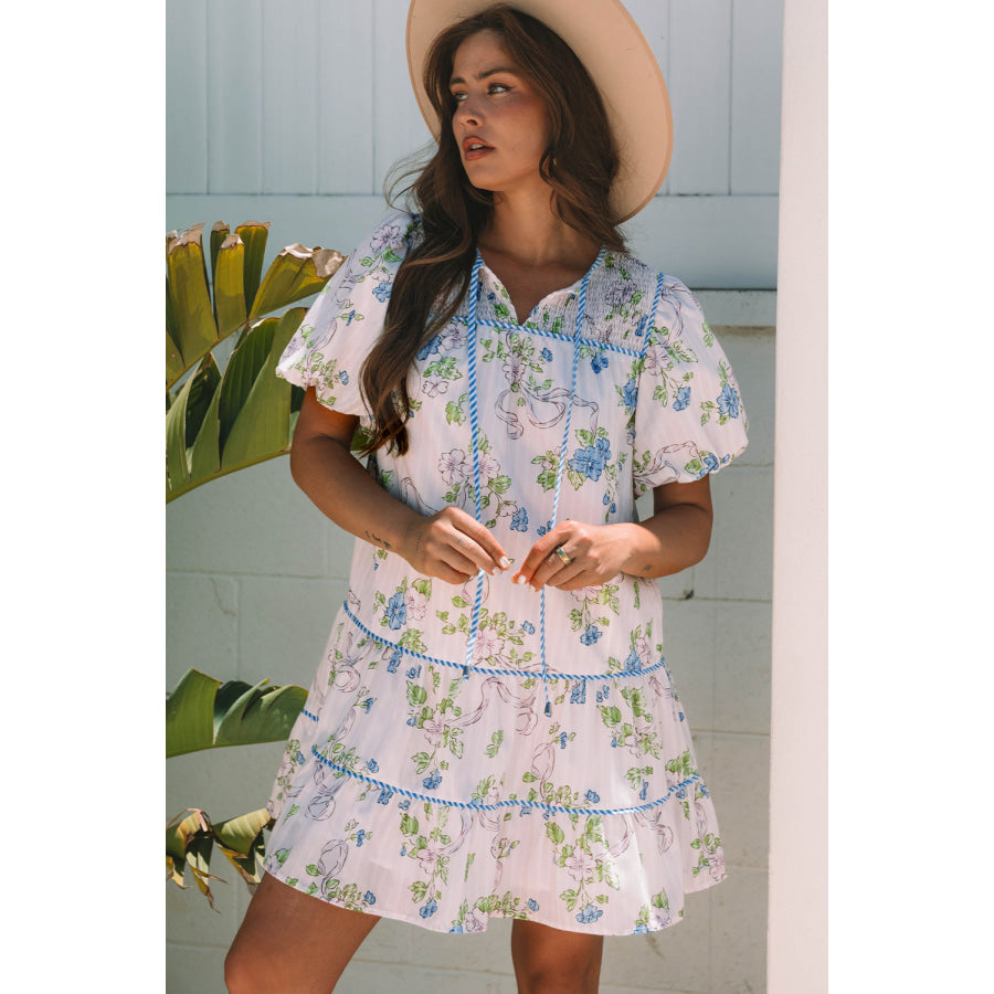 Pink Floral Striped Print Contrast Trim Tie Split Neck Mini Dress Dresses/Mini Dresses