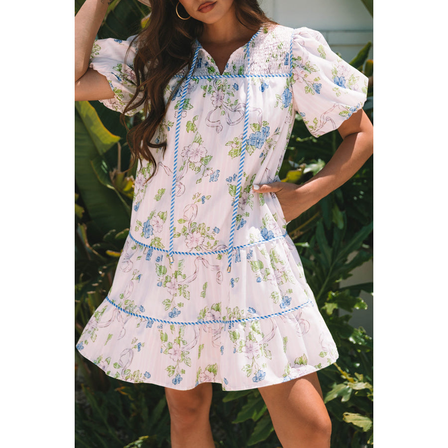 Pink Floral Striped Print Contrast Trim Tie Split Neck Mini Dress Dresses/Mini Dresses