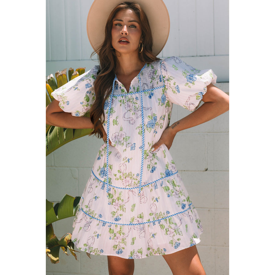 Pink Floral Striped Print Contrast Trim Tie Split Neck Mini Dress Dresses/Mini Dresses