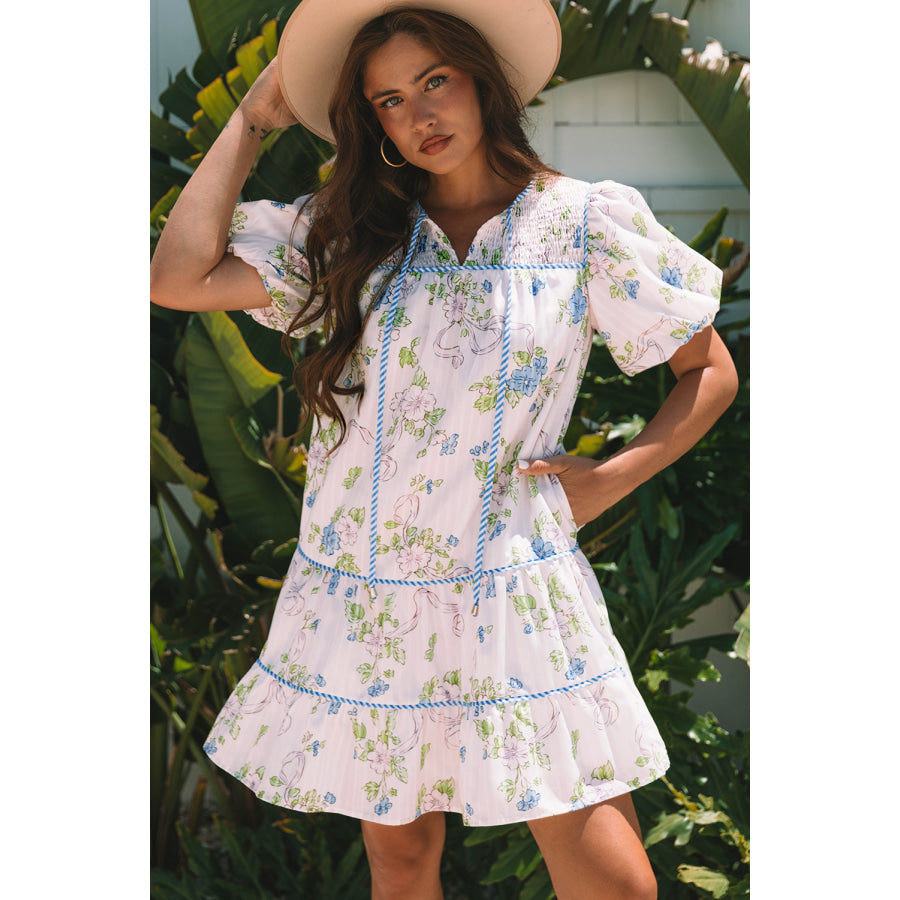 Pink Floral Striped Print Contrast Trim Tie Split Neck Mini Dress Pink / S / 100% Polyester Dresses/Mini Dresses