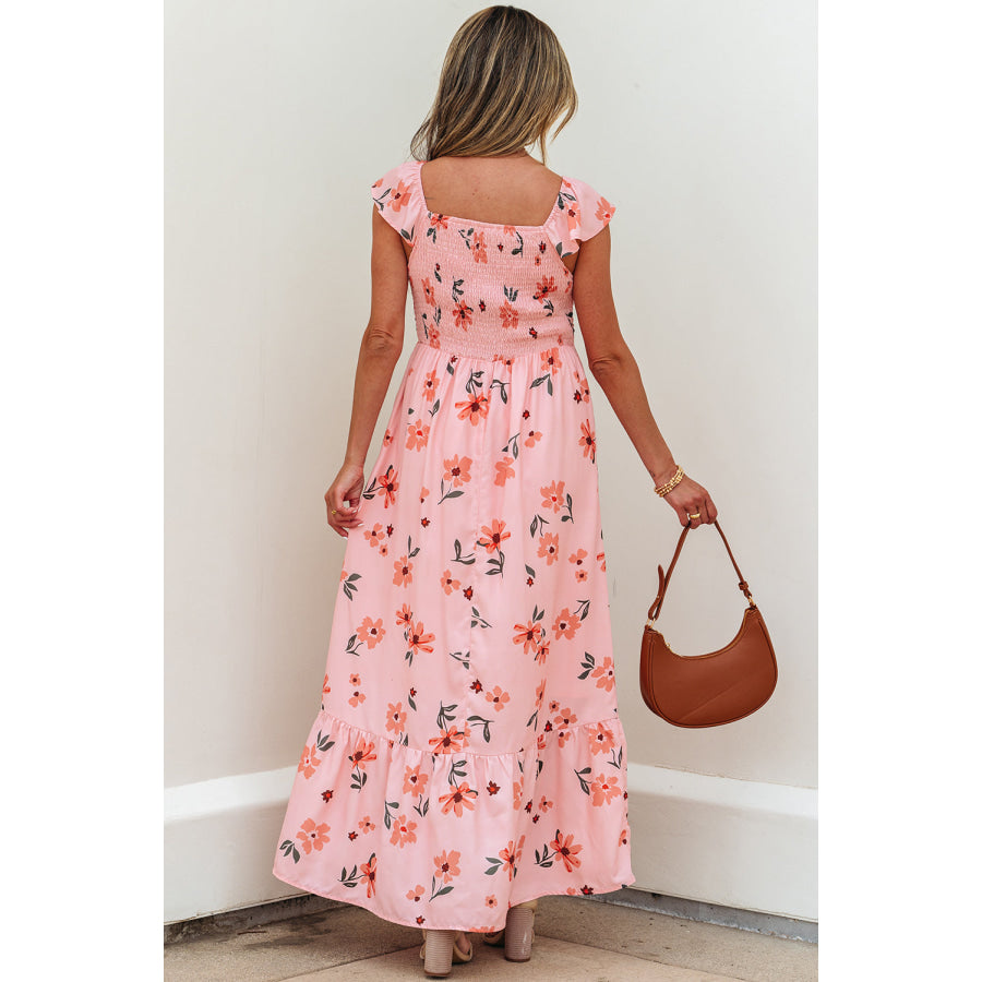 Pink Floral V Neck Smocked High Waist Ruffle Hem Long Dress Dresses/Maxi Dresses