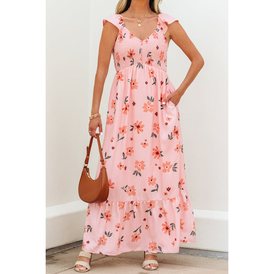 Pink Floral V Neck Smocked High Waist Ruffle Hem Long Dress Dresses/Maxi Dresses