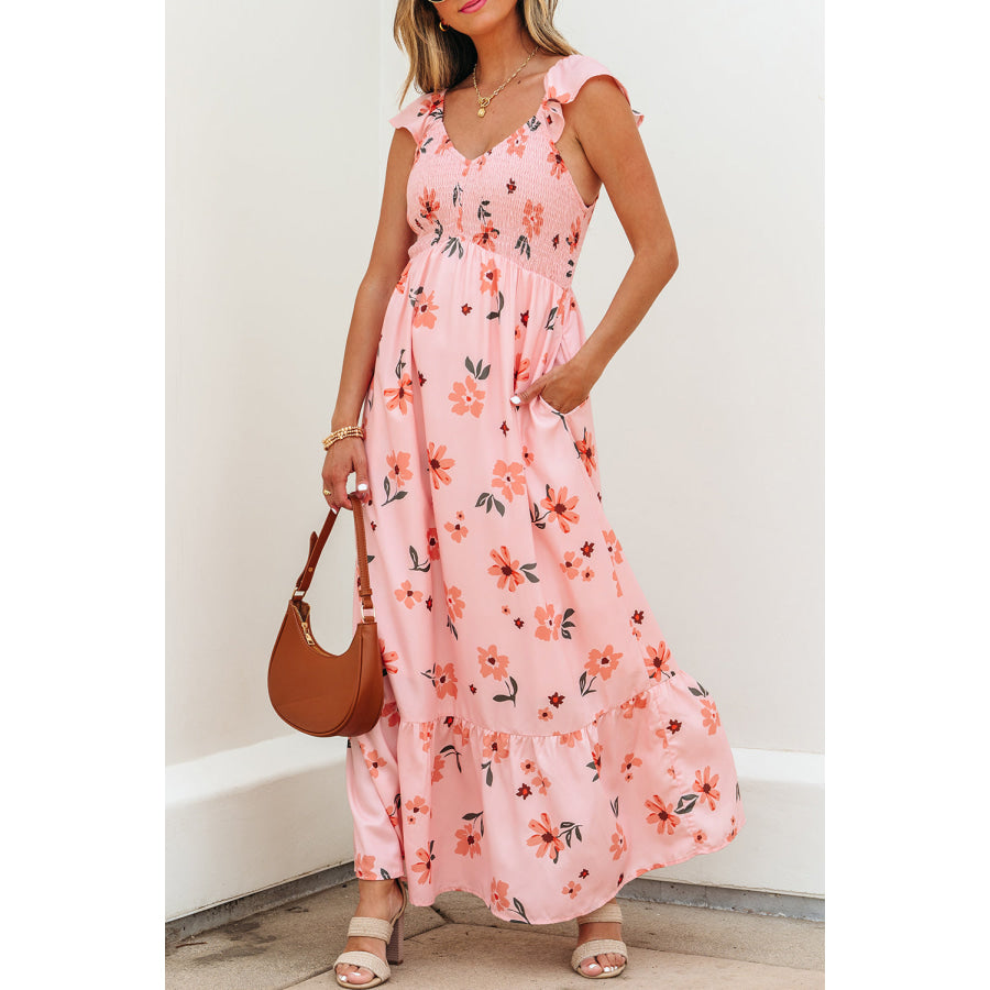 Pink Floral V Neck Smocked High Waist Ruffle Hem Long Dress Dresses/Maxi Dresses