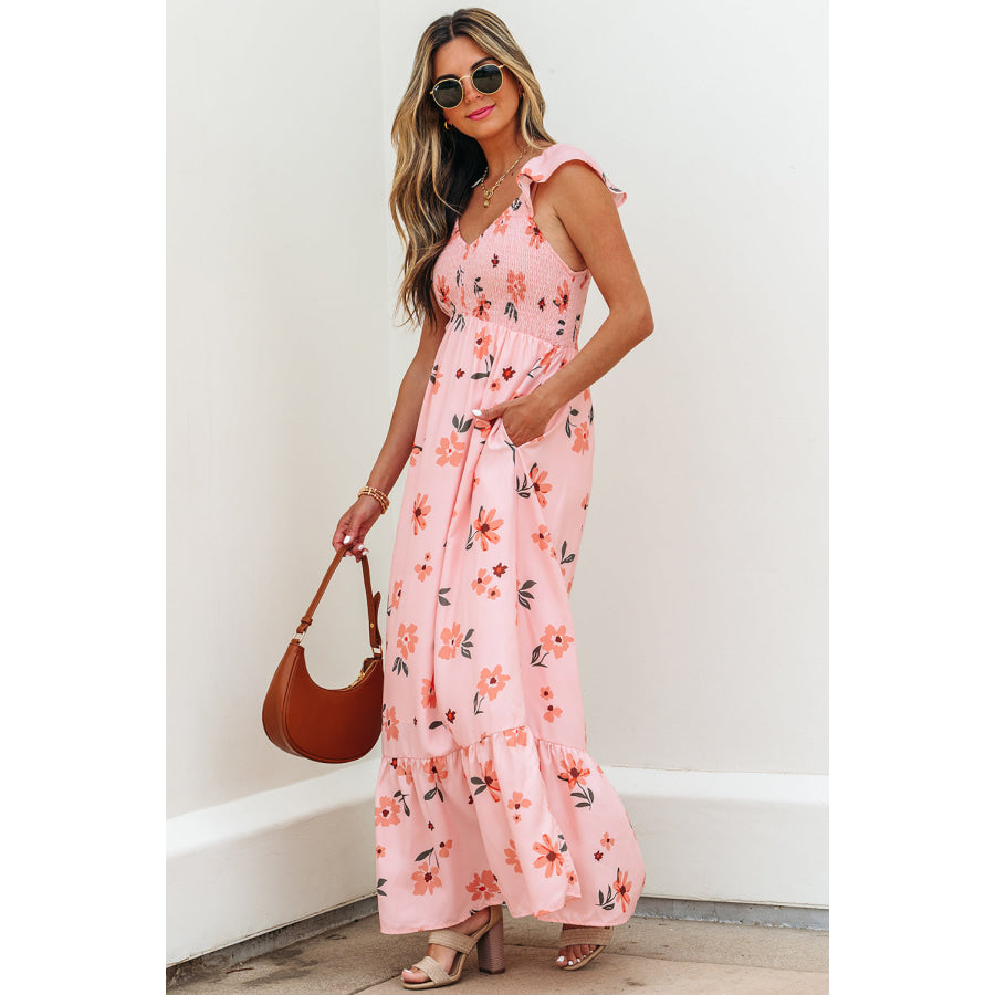 Pink Floral V Neck Smocked High Waist Ruffle Hem Long Dress Dresses/Maxi Dresses