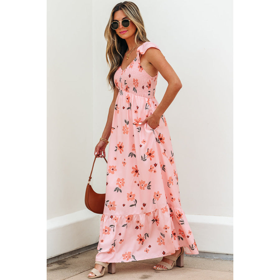 Pink Floral V Neck Smocked High Waist Ruffle Hem Long Dress Dresses/Maxi Dresses