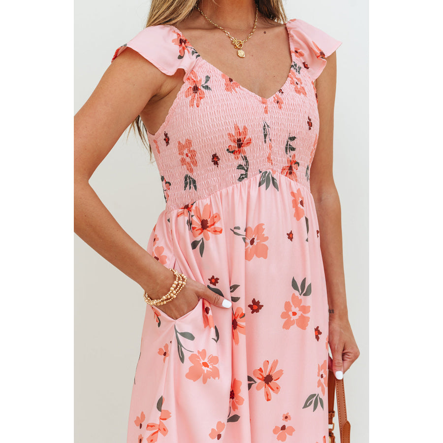 Pink Floral V Neck Smocked High Waist Ruffle Hem Long Dress Dresses/Maxi Dresses