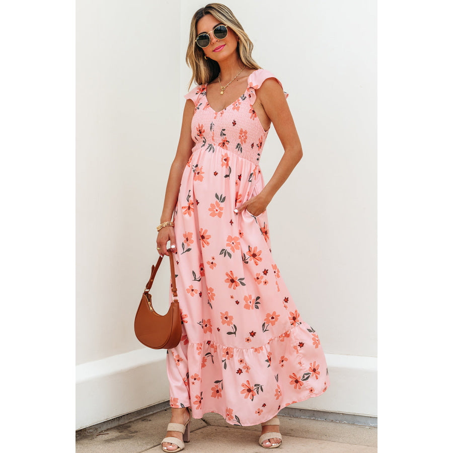 Pink Floral V Neck Smocked High Waist Ruffle Hem Long Dress Pink / S / 100% Polyester Dresses/Maxi Dresses