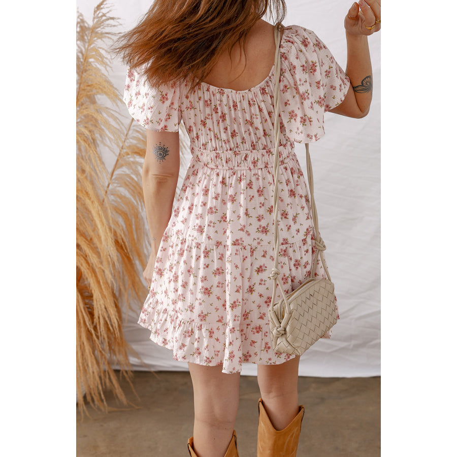 Pink Front Tie Shirred Waist Short Sleeve Ruffled Floral Mini Dress Pink / S / 100% Viscose Dresses/Floral Dresses