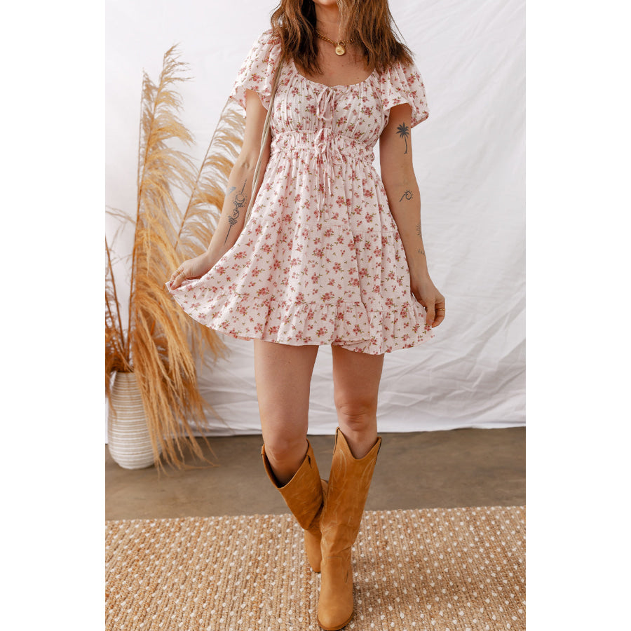 Pink Front Tie Shirred Waist Short Sleeve Ruffled Floral Mini Dress Dresses/Floral Dresses