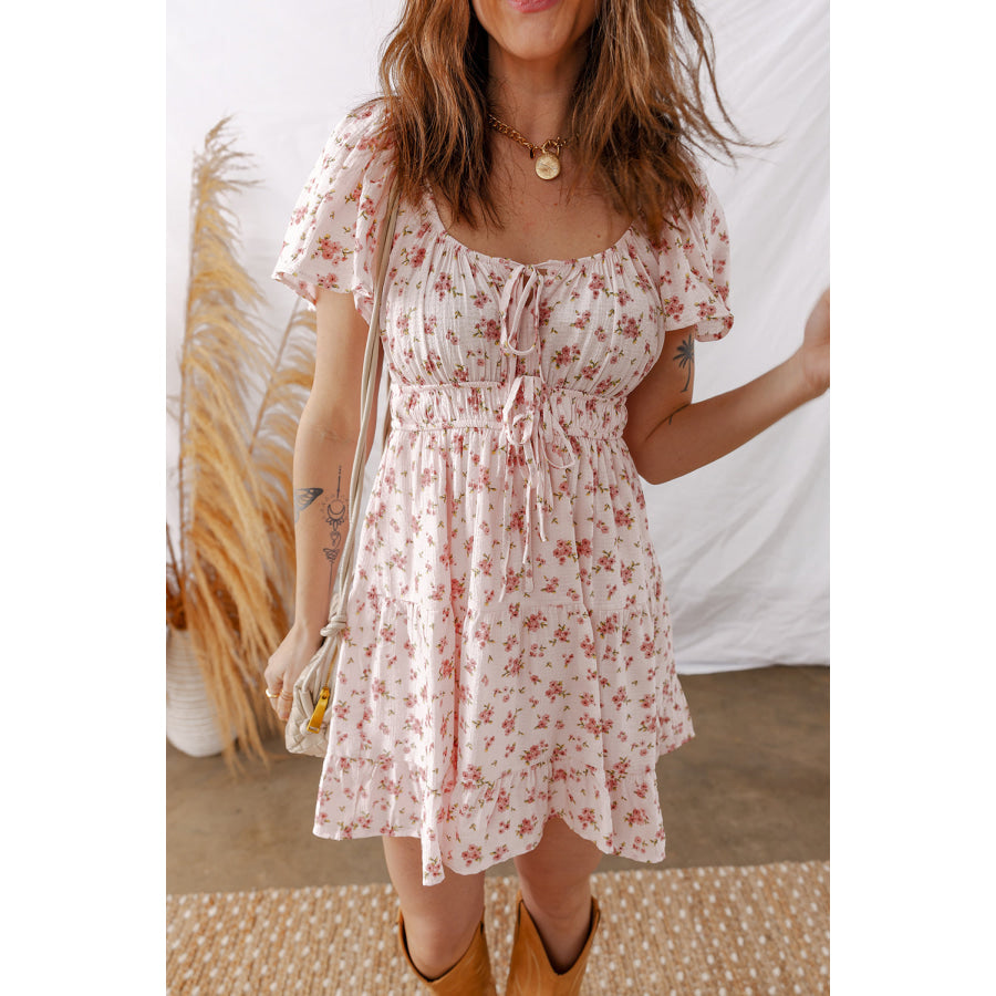 Pink Front Tie Shirred Waist Short Sleeve Ruffled Floral Mini Dress Dresses/Floral Dresses